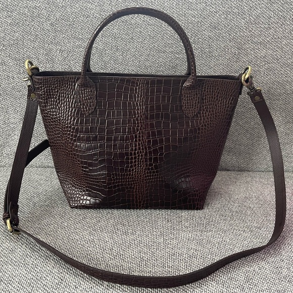 Elegant Dark Brown CrocodilePattern Shoulder Bag Genuine Leather